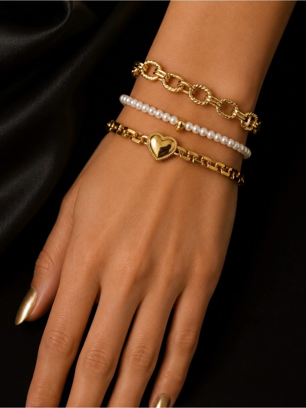 18k Gold Plated Heart & Pearl Layered 3 Bracelet Set Water Proof Tarnish Proof